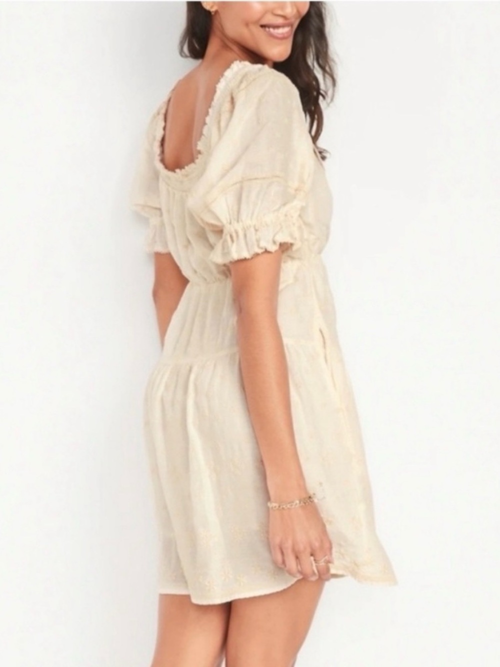 Old Navy Cream Floral Embroidered Puff Sleeve Dress Summer Cottagecore Cotton